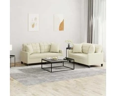 Sofa Sofos komplektas su pagalvėmis, 2 dalių, kreminis, dirbtinė oda