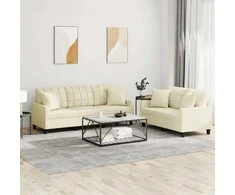 Sofa Sofos komplektas su pagalvėmis, 2 dalių, kreminis, dirbtinė oda