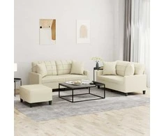 Sofa Sofos komplektas su pagalvėmis, 3 dalių, kreminis, dirbtinė oda