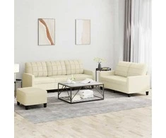 Sofa Sofos komplektas su pagalvėmis, 3 dalių, kreminis, dirbtinė oda