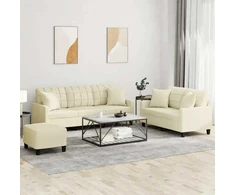 Sofa Sofos komplektas su pagalvėmis, 3 dalių, kreminis, dirbtinė oda