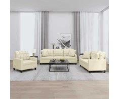 Sofa Sofos komplektas su pagalvėmis, 3 dalių, kreminis, dirbtinė oda