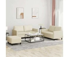 Sofa Sofos komplektas su pagalvėmis, 3 dalių, kreminis, dirbtinė oda
