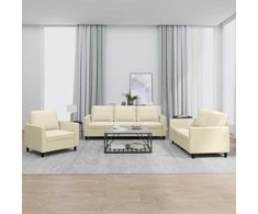 Sofa Sofos komplektas su pagalvėmis, 3 dalių, kreminis, dirbtinė oda