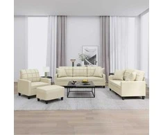 Sofa Sofos komplektas su pagalvėmis, 4 dalių, kreminis, dirbtinė oda