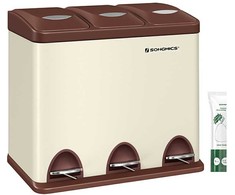 Songmics 3 x 8 l talpos šiukšlių dėžė su dangčiu ir vidine šiukšliadėže kreminės-baltos-rudos spalvos