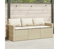 Trivietė sodo sofa su pagalvėlėmis, smėlio spalvos, poliratanas