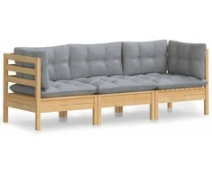 Trivietė sodo sofa su pilkomis pagalvėlėmis, pušies masyvas