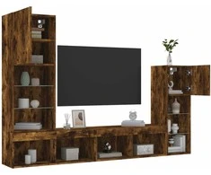 TV staliukas Sieninė TV sekcija su LED, 4 dalių, dūminio ąžuolo, mediena