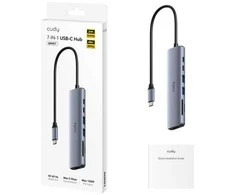 „Cudy UH407 PortMate USB-C 7-in-1“ šakotuvai, 4K 60Hz HDMI USB-C PD USB-A SD TF aliuminio pilka