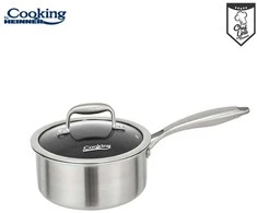 NERŪDIJANČIO PLIENO PUODAS + 3 SLUOKSNIŲ STIKLINIS DANGTIS 18X9 CM, 2 L, TITANIUM3, COOKING BY HEINNER