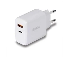 Įkroviklis - LINDY 30W USB Type A ir C Įkroviklis, Dvigubas Prievadas, PD Kompaktiškas Dizainas, Baltas
