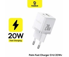 Baseus Sieninis įkroviklis Palm 20W USB + USB-C QC3.0 PD3.0 su USB-C kabeliu 1m, baltas
