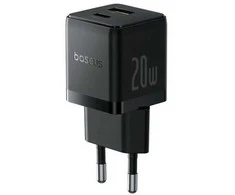 Baseus Sieninis įkroviklis Palm 20W USB + USB-C QC3.0 PD3.0 su USB-C kabeliu 1m, juodas