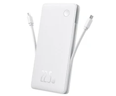 Išorinė baterija Baseus Airpow Lite, 10000mAh, 22.5W, 1 x USB; 1 x USB Type-C laidas, 1 x iPhone Lightning laidas, iš viso 3A, baltas