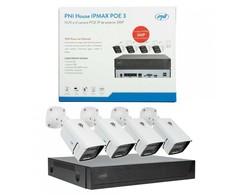 PNI House IPMAX POE 3 vaizdo stebėjimo rinkinys, NVR su 4 POE prievadais, ONVIF ir 4 kameros su 3MP IP, lauko, Power over Ethernet, žmogaus aptikimas, judesio aptikimas, 4 kabeliai, maitinimo šaltinis, pelė