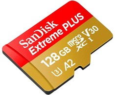 Atminties kortelė SanDisk Extreme PLUS Micro SDXC 128GB + SD adapteris + 2 metai RescuePRO Deluxe iki 200MB/s &amp; 90MB/s Skaitymo/Rašymo greitis A2 C10 V30 UHS-I U3, EAN: 619659188986