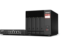 Serveris QNAP TS-473A + QSW-1105-5T Bundle Pack NAS Tower Ryzen Embedded V1500B 8 GB DDR4 0 TB QNAP Turbo System Juodas