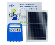 PNI GreenHouse H01 30W saulės fotovoltinė sistema su 12V / 7Ah akumuliatoriumi, USB / radiju / MP3, 2 LED lemputėmis