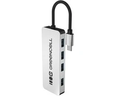 Green Cell Žalias Cell Adapteris Basic HUB Greencell USB-C 4in1 (4×USB-A 3.0) – greitas perdavimas iki 5 Gb/s, aliuminio korpusas