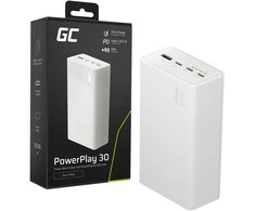 Green Cell Žalias Cell Greencell PowerPlay 30 – balta išorinė baterija, kurios talpa 30 000 mAh, 22.5 W, 4 prievadai