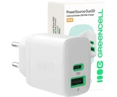 Green Cell Žalias Cell Greencell PowerSource Duo30 įkroviklis USB/USB-C baltas maitinimo adapteris 30W maitinimo tiekimas