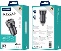 JELLICO automobilinis įkroviklis F4 PD 20W 1xUSB-C + 1xUSB QC3.0 + USB-C laidas Juodas