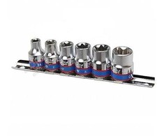 KING TONY STAR SOCETS RINKINYS / TORX 3/8" 6 vnt. SHORT E8 - E18, CHROME, ON bėgelis