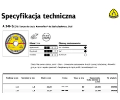 KLINGSPOR TARCZA DO CIĘCIA METALU 115mm x 1,6mm x 22,2mm A346 Extra