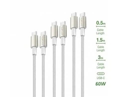4Smarts USB-C to USB-C PremiumCord 60W Set of 3 0.5M+1.5M+3M baltas / sidabrinis