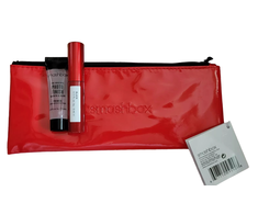 Deluxe Trial Size Set Smashbox: Super Fan Volumizing Blakstienų tušas Juodas, 5 ml + Photo Finish Smoothing Liquid Primer 7.1 ml + Textile Makeup Bag Raudona