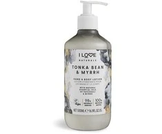 „I Love Naturals Collection“ veganiškas drėkinamasis ir minkštinamasis tonka pupelių ir miros losjonas rankoms ir kūnui, 500 ml