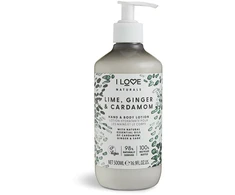 „I Love Naturals Collection“ veganiškas drėkinamasis laimo, imbiero ir kardamono losjonas rankoms ir kūnui, 500 ml