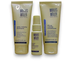 „Tobulos apimties“ rinkinys Marlies Moller: kasdienis plaukų apimties didinimo šampūnas, 100 ml + pakeliamasis plaukų kondicionierius apimčiai, 100 ml + apimties didinimo plaukų lakas formavimui, 30 ml