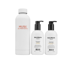 Set Balmain Professionnel: Balmain Professionnel Argan Oil Hair Šampūnas Moisturizing, 300 ml + Balmain Professionnel Hair Conditioner For Moisturizing, 300 ml + Muse Du Printemps GWP Steel Vanduo Bottle Baltas