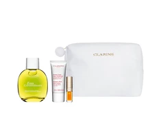 Set Clarins: Eau Extraordinaire, Eau De Toilette, For Women, 100 ml + Moisture-Rich, Sviestmedžių aliejumi, Moisturising, Losjonas kūnui, Body, 30 ml + Lip Confort, Lip Oil, 01, 1.4 ml *Miniature + Clarins, Zippered, GWP Textile Pouch, Baltas