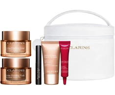 Set Clarins: Extra-Firming, Anti-Ageing, Day, Kreminis, For Face, 50 ml + Extra-Firming, Anti-Wrinkle, Night, Kreminis, For Face, 50 ml + Extra-Firming, Firming, Kreminis, For Neck &amp; Decollete, 15 ml + Total Eye, Lift, Eye Serum, 7 ml + Wonder Perfect, Volumizing, Blakstienų tušas, 01, Juodas, 4 ml *Miniature + Clarins, Zippered, GWP Textile Pouch, Baltas