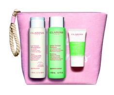 Set Clarins: šveičiamasis šveitiklis Pure Exfoliating Scrub, 15 ml + valomasis pienelis veidui Velourse Anti-Pollution Cleansing Milk, 200 ml + valomasis tonikas be alkoholio veidui Purifying Alcohol-Free Purifying Tonikas Lotion, 200 ml