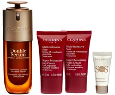 Set Clarins: Super Restorative, Reparative, Day, Kreminis, For Face, 15 ml + Super Restorative, Reparative, Night, Kreminis, For Face, 15 ml + Double, Anti-Ageing, Serum, For Face, 50 ml + S.O.S., Moisturizing, Liquid Primer, 5 ml *Miniature