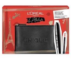 Set L'Oreal Paris: L'Oreal Paris Kajal Eye Pieštukas Juodas 1.5 g + Mega Volume Collagene 24h Atsparus vandeniui Blakstienų tušas Mega Juodas, 9 ml + Textile Makeup Bag Juodas