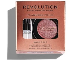 Rinkinys „Makeup Revolution“: „Flawless Foils“ veganiškų akių šešėlių pagrindas, 2 ml + „Flawless Foils“ veganiškų akių šešėlių paletė „Rose Gold“, 2 g