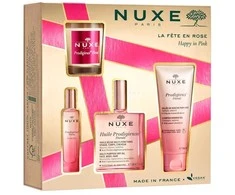 NUXE Happy In Rožinė Body Oil rinkinys moterims (Dry Oil Huile Prodigieuse Florale 100 ml + Dušo želė Prodigieux Floral 100 ml + EDP Prodigieux Floral 15 ml + Candle Prodigieux Floral 70 g)