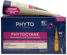 Set Phyto: Set, Phytocyane, Leave In Scalp Treatment Serum, Anti-Hair Loss, 12 pcs, 5 ml *Vial + Phytocyane, Hair Šampūnas, Anti-Hair Loss, 100 ml