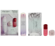 Rinkinys „Shiseido“: „Brightening Essentials“ pigmentą koreguojantis serumas veidui, 50 ml + „Brightening Essentials“ drėkinamasis serumas veidui, 10 ml *Miniatiūrinis + „Brightening Essentials“ drėkinamasis gelis „Kreminis“ veidui ir kaklui, 15 ml + „Brightening Essentials“ drėkinamasis lakštas