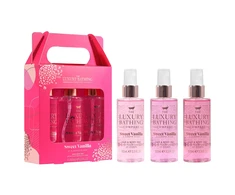 Set The Luxury Bathing Company: Sweet Vanilla &amp; Almond Glaze Hair Scented Mist For Women, 100 ml + Sweet Vanilla &amp; Almond Glaze Refreshing Body Purškiklis Aquatic &amp; Floral, 100 ml + Sweet Vanilla &amp; Almond Glaze Shimmering Body Purškiklis, 100 ml