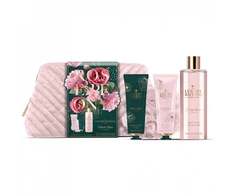 Set The Luxury Bathing Company: Velvet Rose &amp; Peony Cleansing &amp; Refreshing Dušo želė For All Skin Types, 250 ml + Velvet Rose &amp; Peony Moisturizing Hand Kreminis, 50 ml + The Luxury Bathing Company Cleanse &amp; Scrub Body Sponge + The Luxury Bathing Company Zip