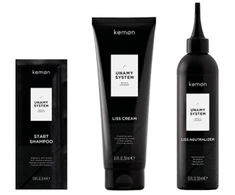 Unamy System Liss Set Kemon: Start Hair Šampūnas, 20 ml + Liss Kreminis Hair Treatment Kreminis Mask, 250 ml + Liss Neutralizer Hair Treatment Lotion Mask, 250 ml