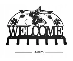 Sieninė kabykla rūbams ir raktams Welcome, 40cm, juodos spalvos