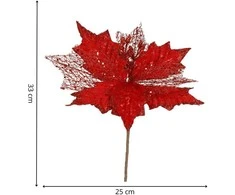 Puansetija Springos dekoracija, raudona su blizgučiais, 33 cm