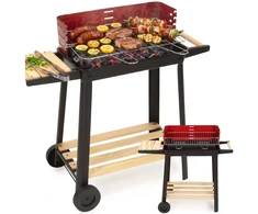 Springos Nešiojamas anglies grilis BQ0029 su medine lentynėle ir ratukais, 85 cm, juodas/raudonas/rudas